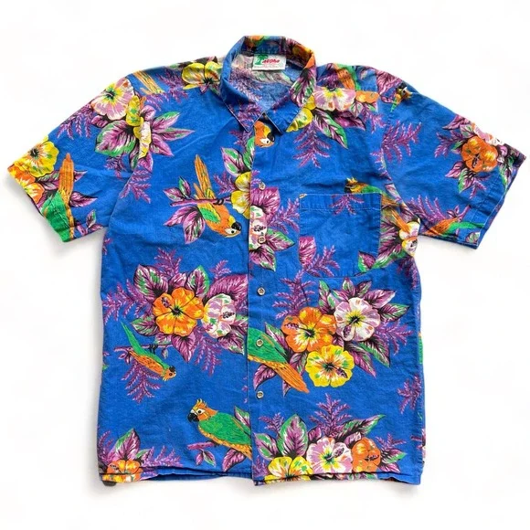 Vintage Hawaiian Shirt USA Made Birds Parrot Tropical Floral Blue Short Sleeve S - Picture 2 of 10